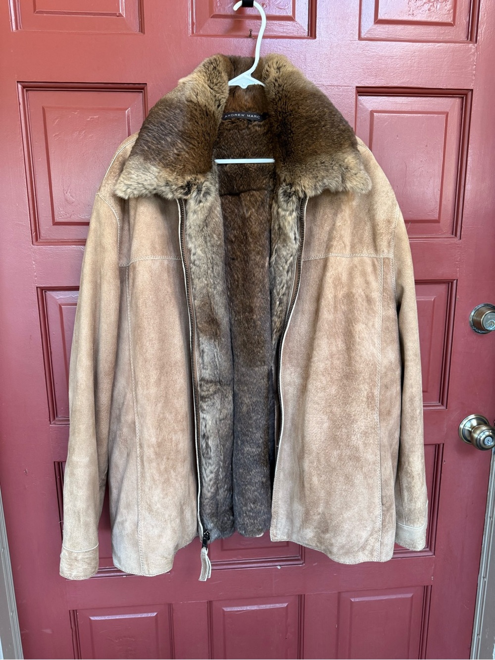 Andrew Marc Men's suede with  real fur Shearling Pea Coat